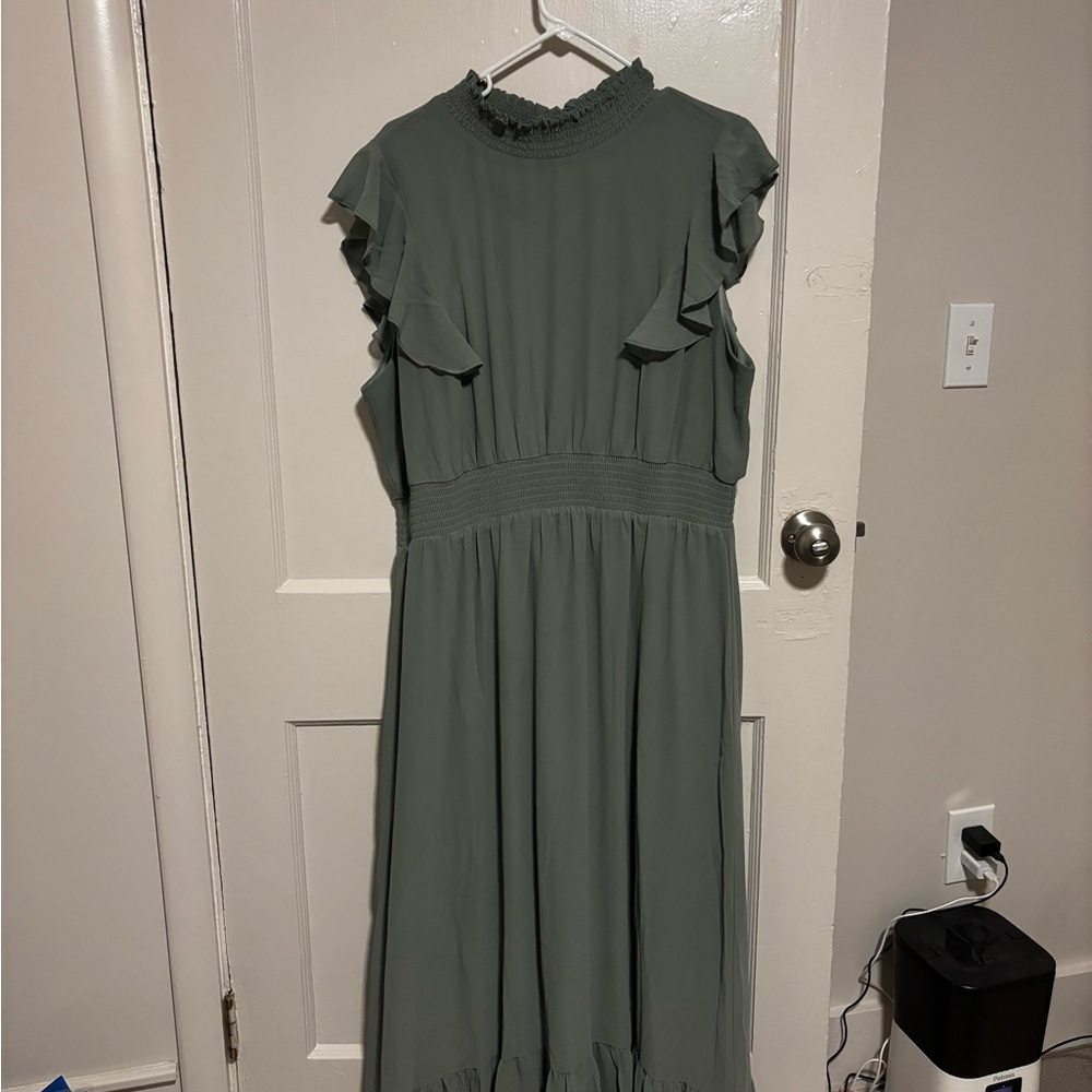 Baltic Born Green Pleated Midi Dress with Flutter Sleeves